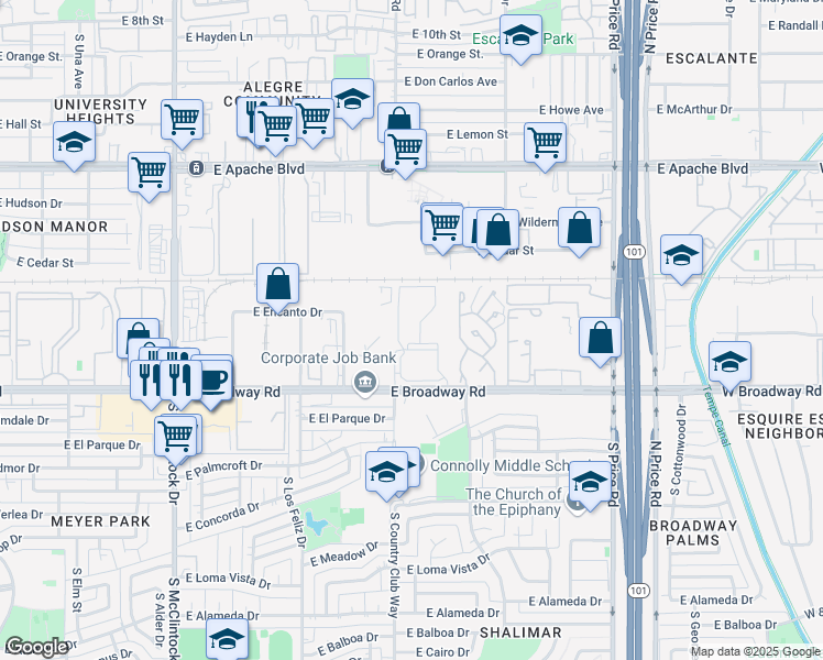 map of restaurants, bars, coffee shops, grocery stores, and more near 2020 East Willow Creek Apartment in Tempe