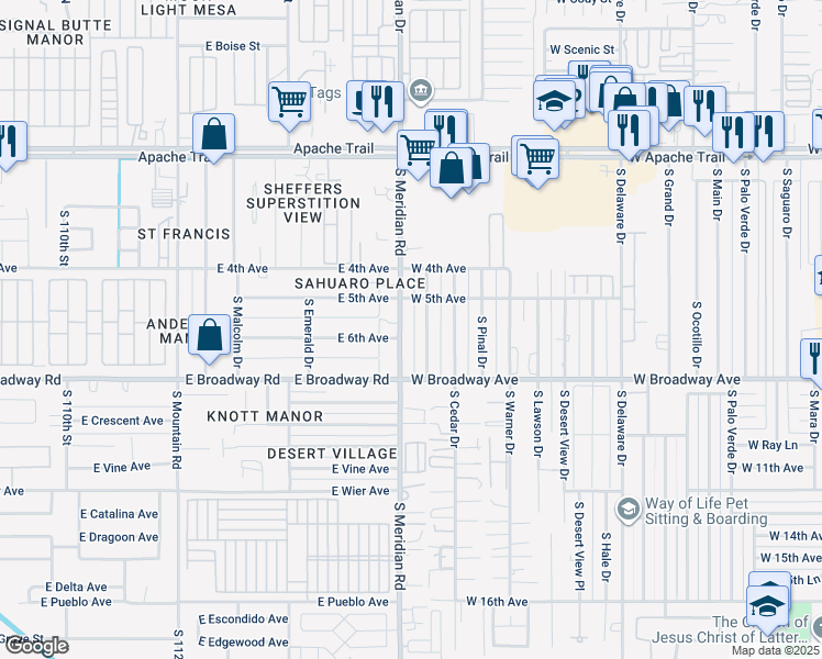 map of restaurants, bars, coffee shops, grocery stores, and more near 597 South Meridian Road in Apache Junction