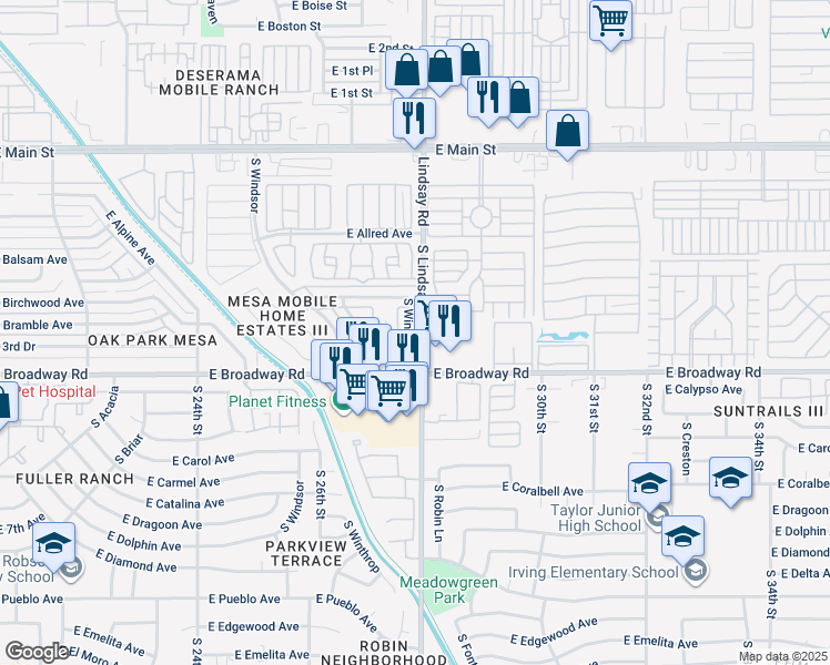 map of restaurants, bars, coffee shops, grocery stores, and more near 315 South Winthrop in Mesa