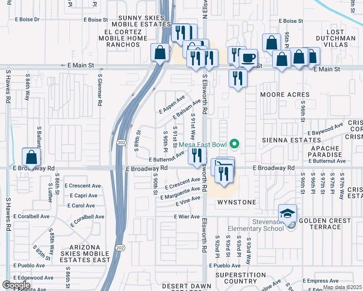 map of restaurants, bars, coffee shops, grocery stores, and more near 9111 East Bramble Avenue in Mesa