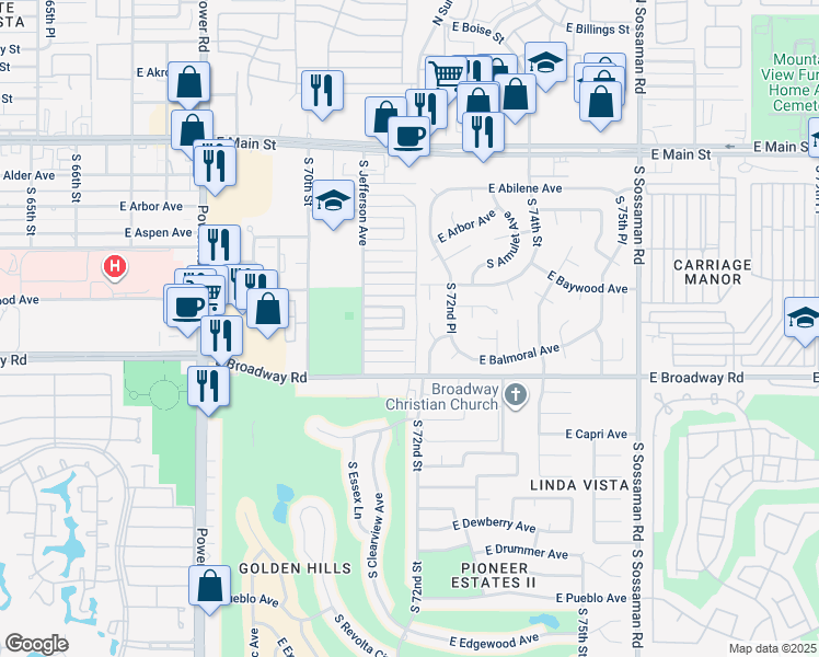 map of restaurants, bars, coffee shops, grocery stores, and more near 7153 East Bramble Avenue in Mesa