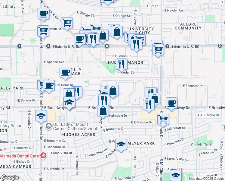 map of restaurants, bars, coffee shops, grocery stores, and more near 1717 South Dorsey Lane in Tempe