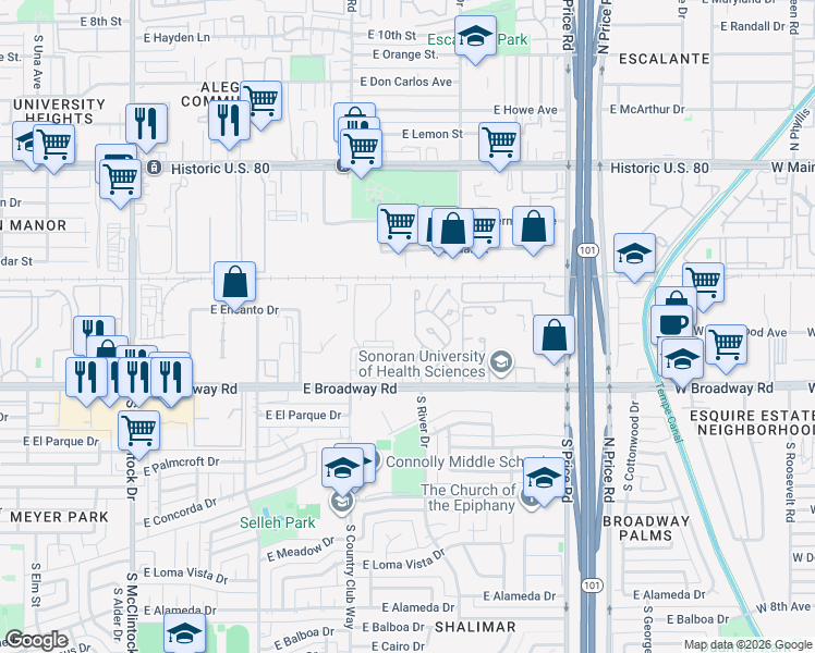 map of restaurants, bars, coffee shops, grocery stores, and more near 1626 South River Drive in Tempe