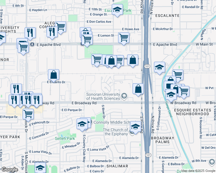 map of restaurants, bars, coffee shops, grocery stores, and more near 1634 South Torre Molinos Circle in Tempe