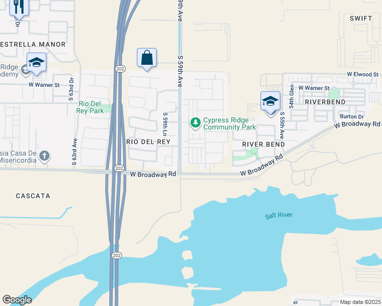 map of restaurants, bars, coffee shops, grocery stores, and more near 4223 South 58th Lane in Phoenix