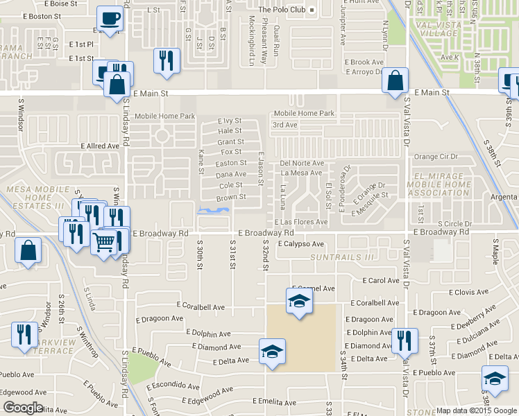 map of restaurants, bars, coffee shops, grocery stores, and more near Ames Street in Mesa