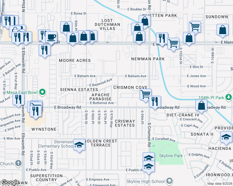 map of restaurants, bars, coffee shops, grocery stores, and more near 324 South 98th Street in Mesa