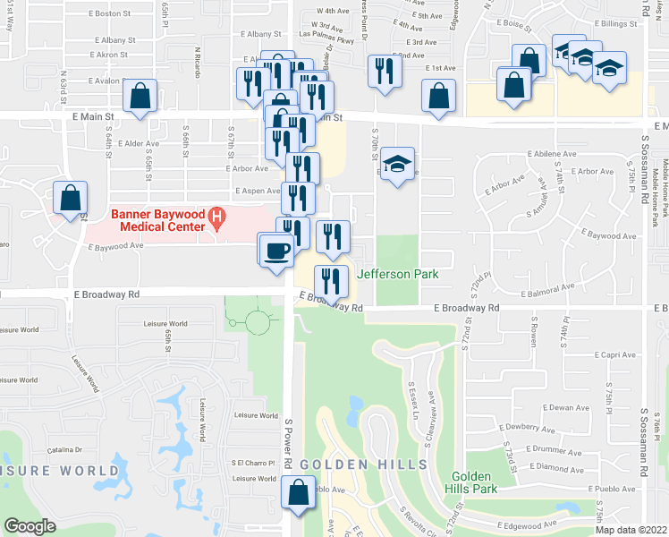 map of restaurants, bars, coffee shops, grocery stores, and more near 325 South Power Road in Mesa
