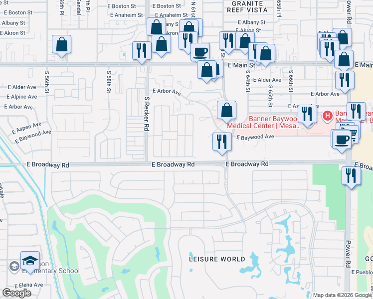 map of restaurants, bars, coffee shops, grocery stores, and more near Ocotillo Avenue in Mesa