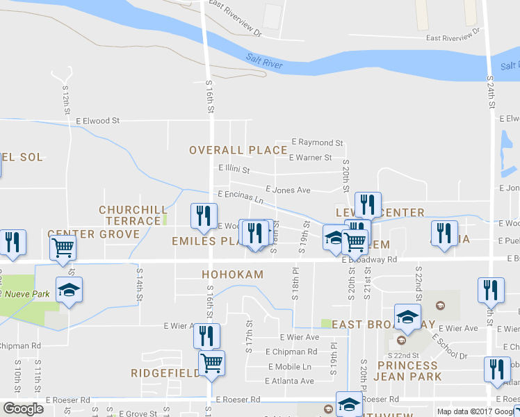 map of restaurants, bars, coffee shops, grocery stores, and more near 1713 East Encinas Lane in Phoenix