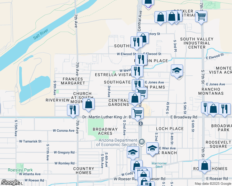 map of restaurants, bars, coffee shops, grocery stores, and more near 131 West Southgate Avenue in Phoenix
