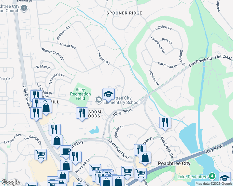 map of restaurants, bars, coffee shops, grocery stores, and more near 44 Cobblestone Creek in Peachtree City