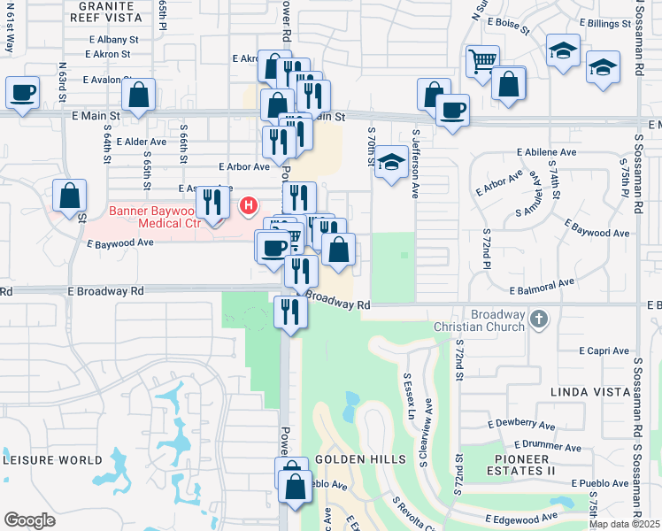 map of restaurants, bars, coffee shops, grocery stores, and more near 325 South Power Road in Mesa