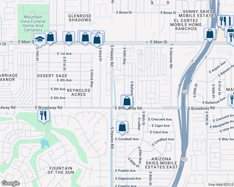 map of restaurants, bars, coffee shops, grocery stores, and more near 8400 East Broadway Road in Mesa