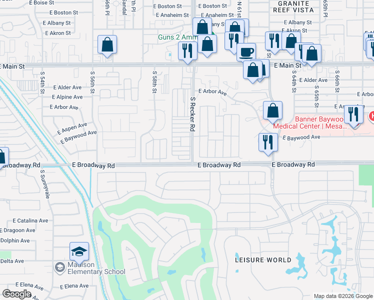 map of restaurants, bars, coffee shops, grocery stores, and more near 336-374 South Recker Road in Mesa