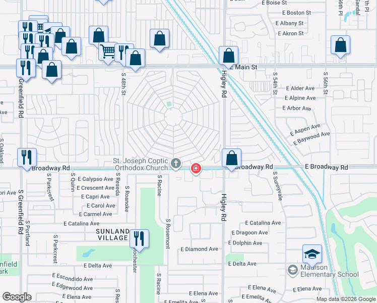 map of restaurants, bars, coffee shops, grocery stores, and more near 534 East Merlin Place in Mesa