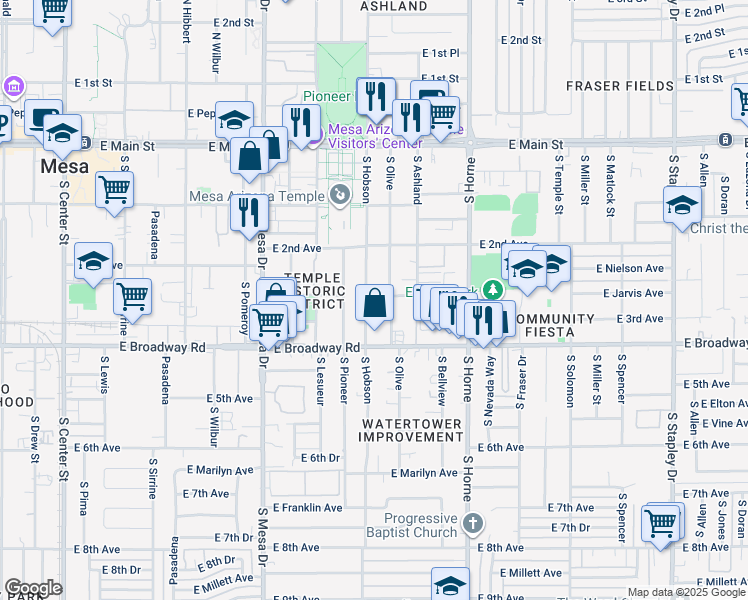 map of restaurants, bars, coffee shops, grocery stores, and more near 625 East 3rd Avenue in Mesa