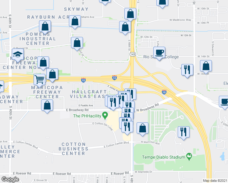 map of restaurants, bars, coffee shops, grocery stores, and more near 4634 East Southgate Avenue in Phoenix
