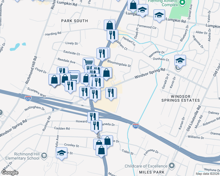 map of restaurants, bars, coffee shops, grocery stores, and more near 2071 Windsor Spring Road in Augusta