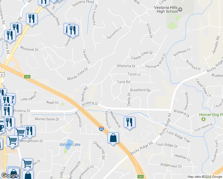map of restaurants, bars, coffee shops, grocery stores, and more near 3113 Tyrol Road in Birmingham