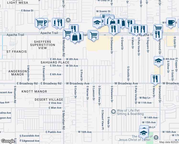 map of restaurants, bars, coffee shops, grocery stores, and more near 635 S Warner Dr in Apache Junction