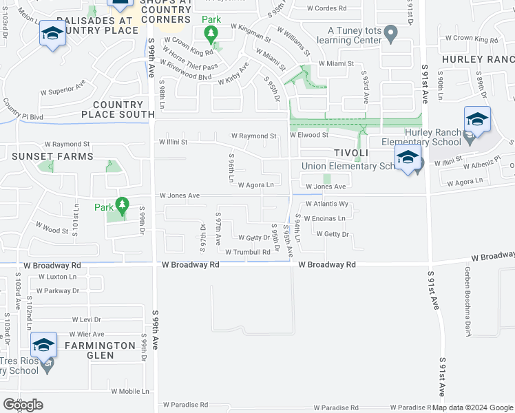 map of restaurants, bars, coffee shops, grocery stores, and more near 4024 South 95th Lane in Tolleson
