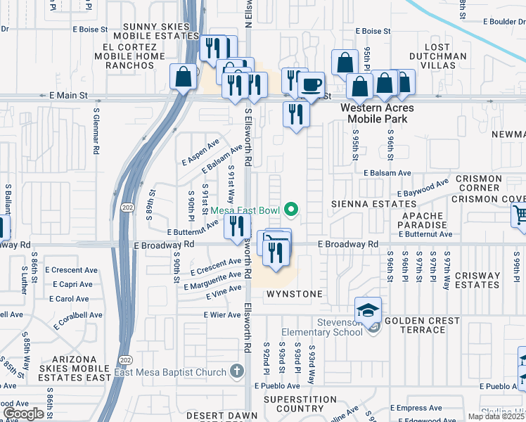 map of restaurants, bars, coffee shops, grocery stores, and more near 267 South 92nd Place in Mesa