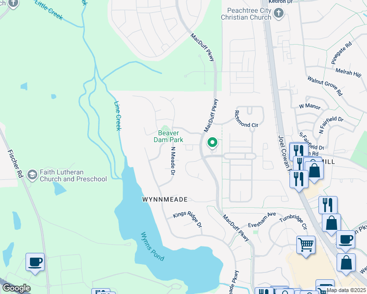 map of restaurants, bars, coffee shops, grocery stores, and more near 42 Star Spangled Lane in Peachtree City
