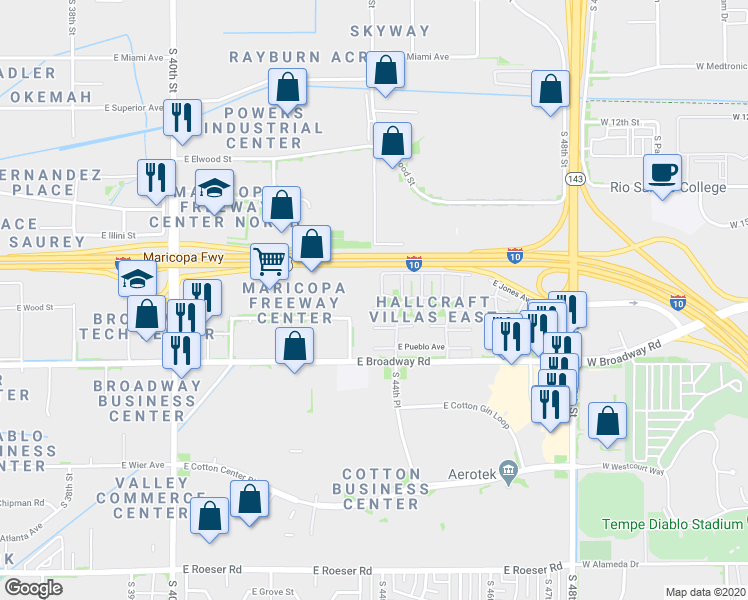 map of restaurants, bars, coffee shops, grocery stores, and more near 4404 East Riverside Street in Phoenix