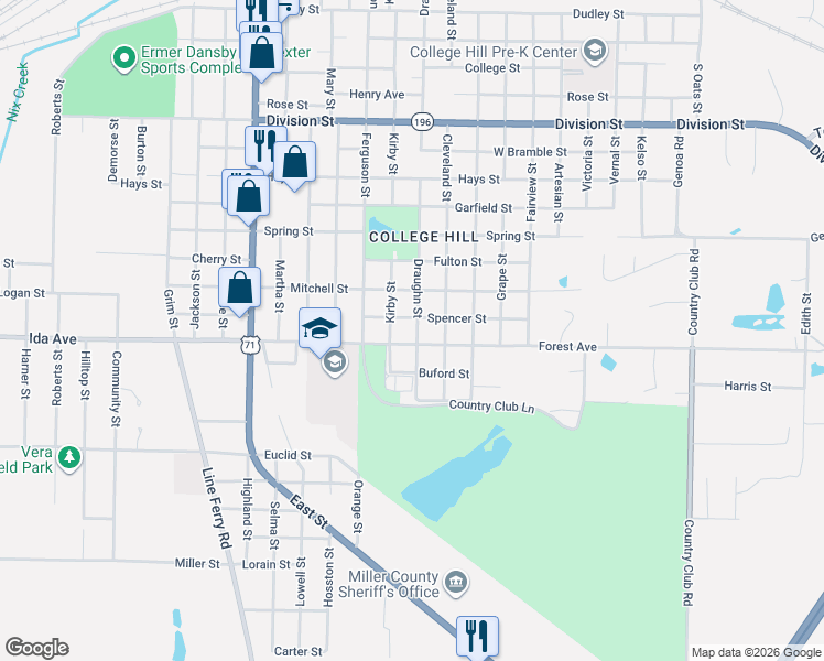 map of restaurants, bars, coffee shops, grocery stores, and more near 1242-1298 Kirby Street in Texarkana