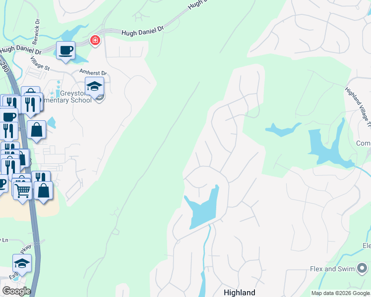map of restaurants, bars, coffee shops, grocery stores, and more near 1017 Locksley Circle in Birmingham