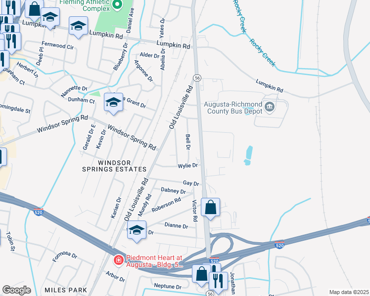 map of restaurants, bars, coffee shops, grocery stores, and more near 3119 Bell Drive in Augusta