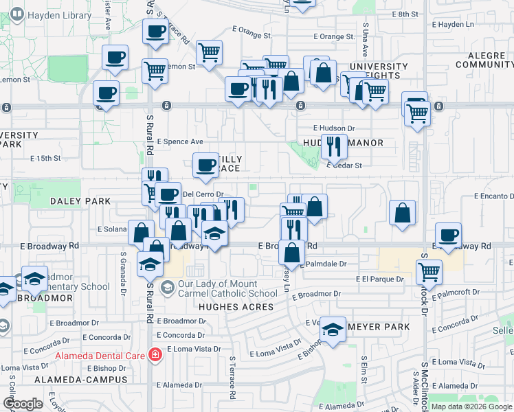 map of restaurants, bars, coffee shops, grocery stores, and more near 1216 East Vista Del Cerro Drive in Tempe