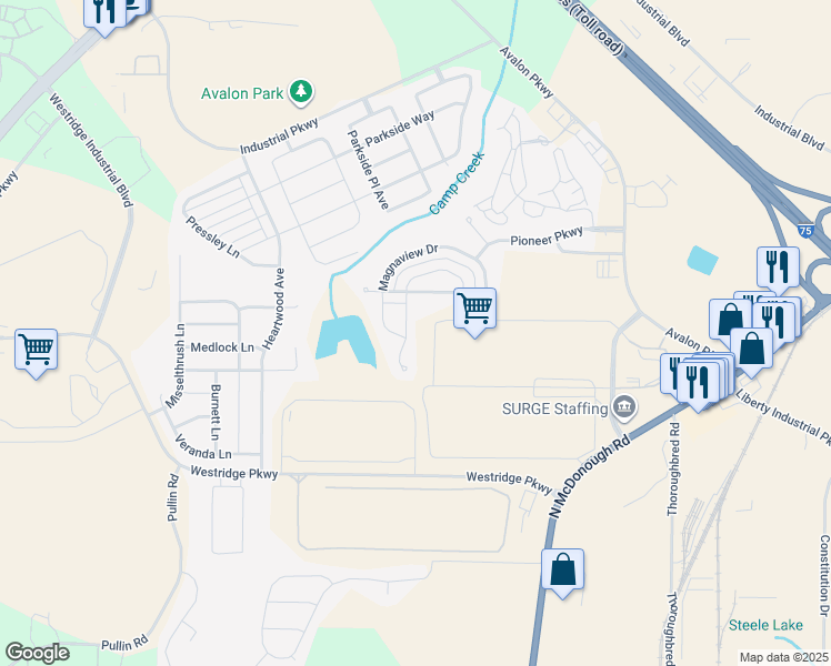 map of restaurants, bars, coffee shops, grocery stores, and more near 769 Galveston Way in McDonough