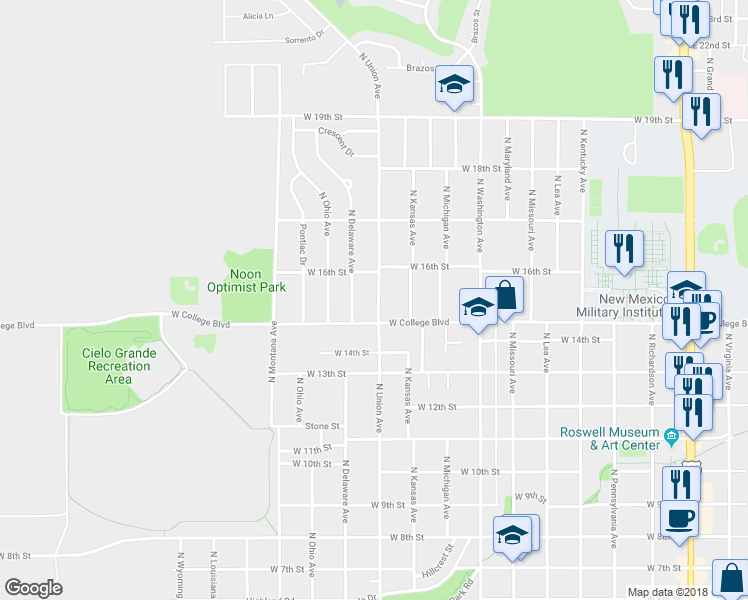 map of restaurants, bars, coffee shops, grocery stores, and more near 1508 North Union Avenue in Roswell