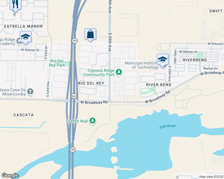 map of restaurants, bars, coffee shops, grocery stores, and more near 4222 South 58th Lane in Phoenix