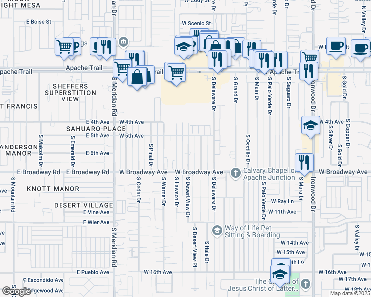 map of restaurants, bars, coffee shops, grocery stores, and more near 610 South Desert View Drive in Apache Junction