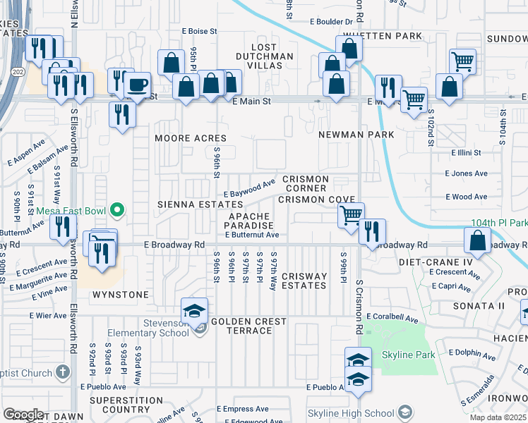 map of restaurants, bars, coffee shops, grocery stores, and more near 315 South 97th Place in Mesa