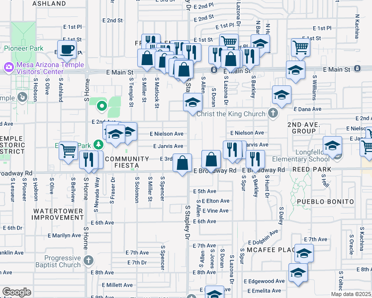map of restaurants, bars, coffee shops, grocery stores, and more near 1165 East Jarvis Avenue in Mesa