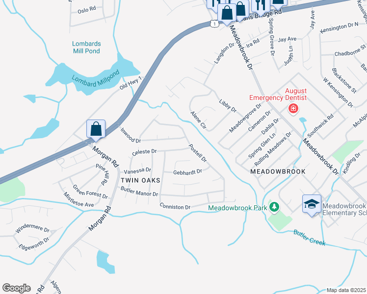 map of restaurants, bars, coffee shops, grocery stores, and more near 2903 Celeste Drive in Hephzibah