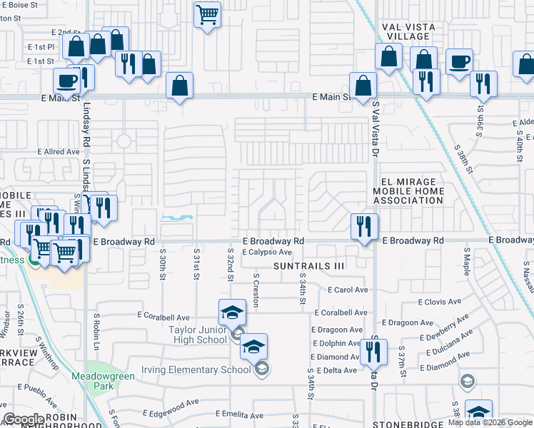 map of restaurants, bars, coffee shops, grocery stores, and more near 3300 East Broadway Road in Mesa