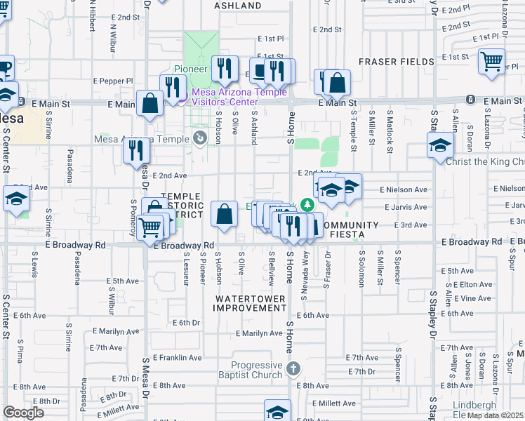map of restaurants, bars, coffee shops, grocery stores, and more near 110 East 3rd Avenue in Mesa