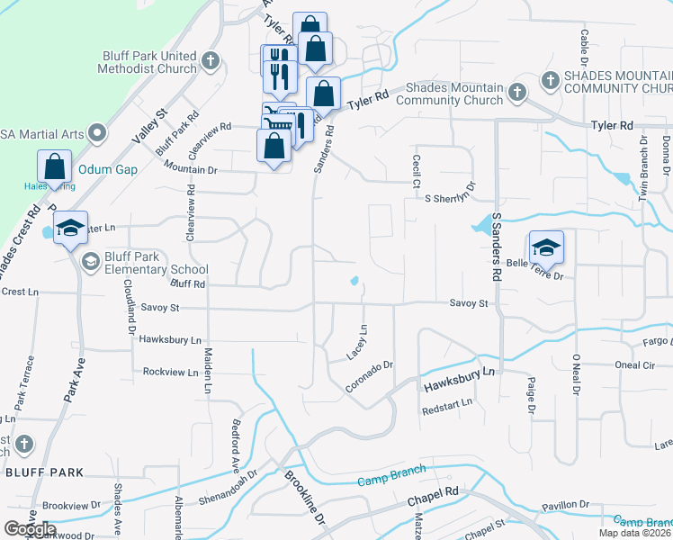 map of restaurants, bars, coffee shops, grocery stores, and more near 613 Sanders Road in Birmingham