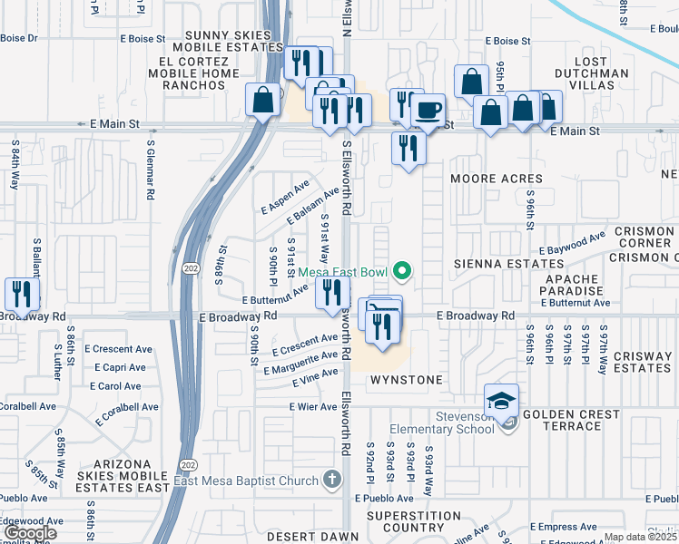 map of restaurants, bars, coffee shops, grocery stores, and more near 266 South Ellsworth Road in Mesa