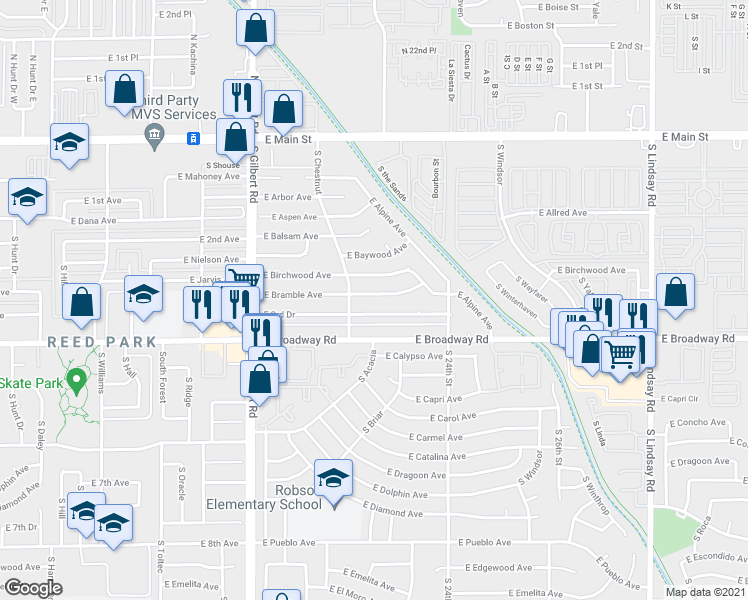 map of restaurants, bars, coffee shops, grocery stores, and more near 2233 E Bramble Ave in Mesa