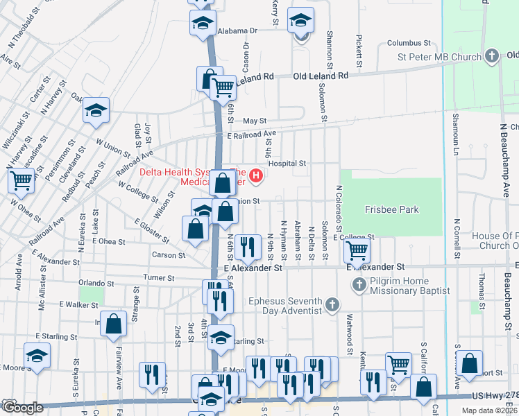 map of restaurants, bars, coffee shops, grocery stores, and more near 1403 East Union Street in Greenville