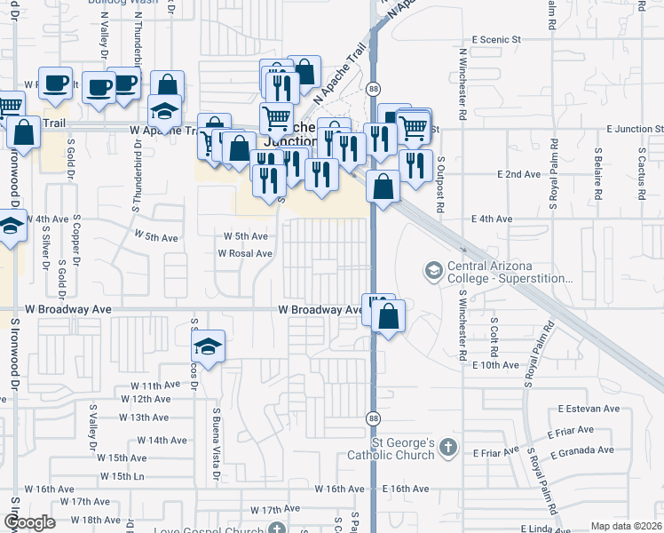 map of restaurants, bars, coffee shops, grocery stores, and more near 4th Avenue in Apache Junction