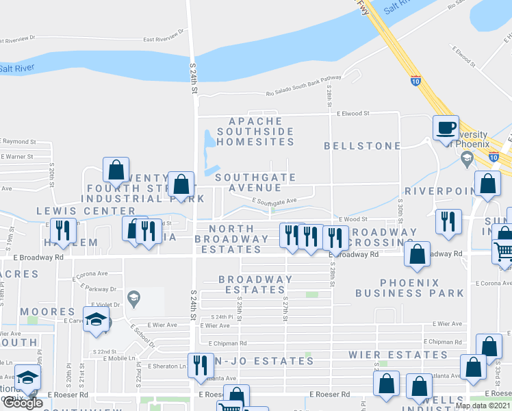 map of restaurants, bars, coffee shops, grocery stores, and more near 2537 E Southgate Ave in Phoenix