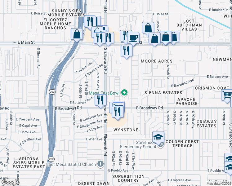 map of restaurants, bars, coffee shops, grocery stores, and more near 267 South 92nd Place in Mesa