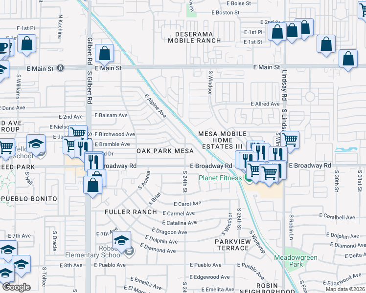 map of restaurants, bars, coffee shops, grocery stores, and more near 2359 East Birchwood Avenue in Mesa